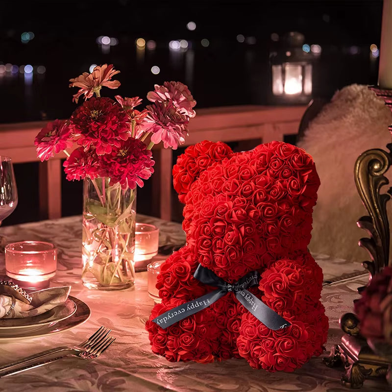 Rose Bear with Box Lights Valentine Gifts Decoration Artificial Flower Teddy Bear for Women/Girlfriend Love Flower Birthday Gift