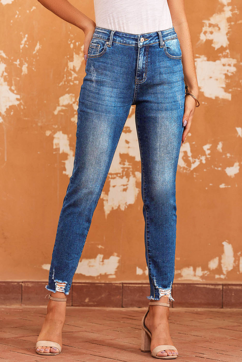 Blue Raw Hem Ankle-length Skinny Jeans - Design Studios Direct