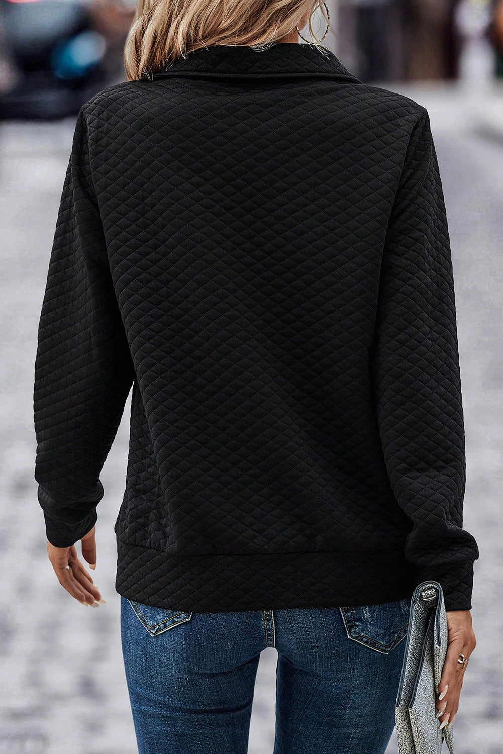 Black Solid Half Zipper Quilted Pullover Sweatshirt - Design Studios Direct