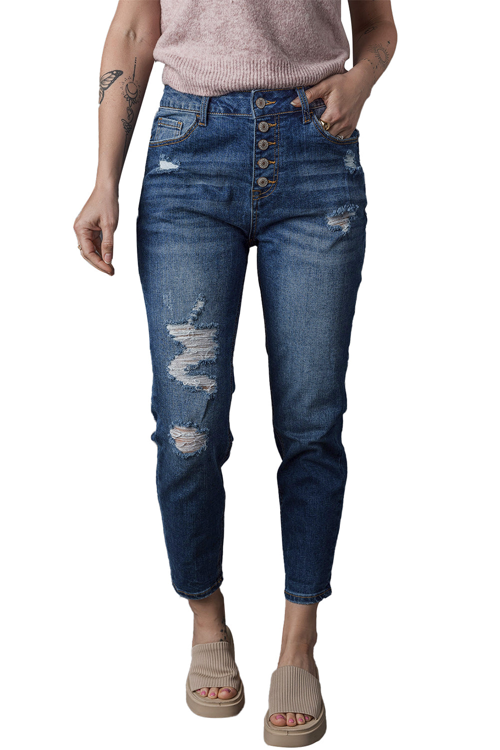 Blue Distressed Button Fly High Waist Skinny Jeans - Design Studios Direct