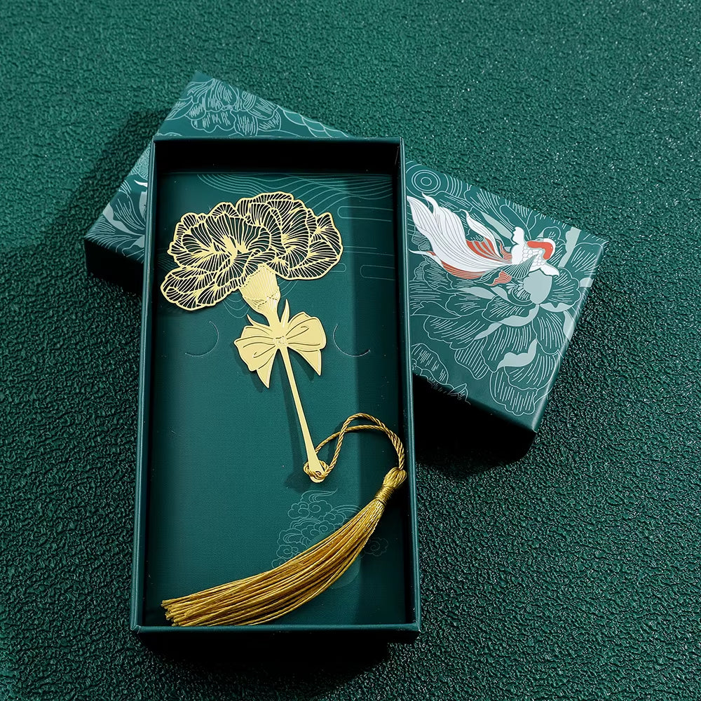 Chinese Style Handmade Book Mark Golden Rose Lotus Flower Bookmarks Reading Marker for Book Lover Gifts for Friend Collection