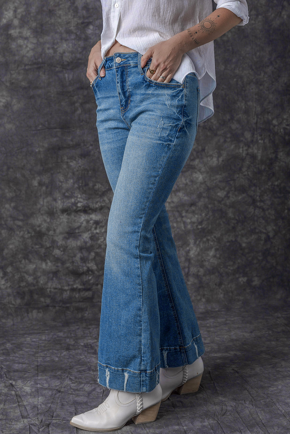 Sky Blue Slight Distressed Medium Wash Flare Jeans - Design Studios Direct