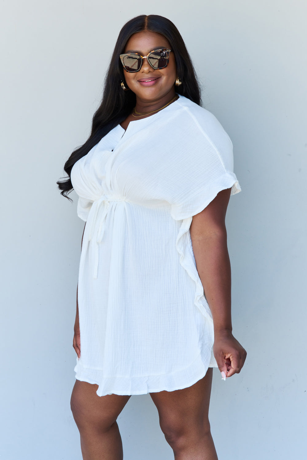 Ninexis Out Of Time Full Size Ruffle Hem Dress with Drawstring Waistband in White - Design Studios Direct