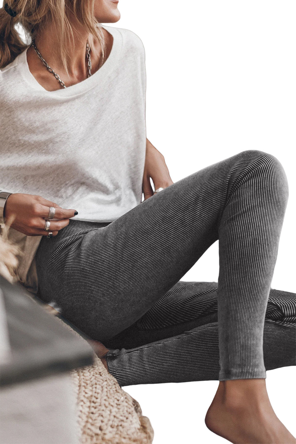 Dark Grey Vintage Wash Ribbed Leggings - Design Studios Direct