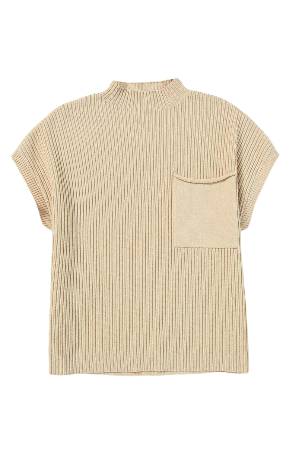 Oatmeal Patch Pocket Ribbed Knit Short Sleeve Sweater - Design Studios Direct