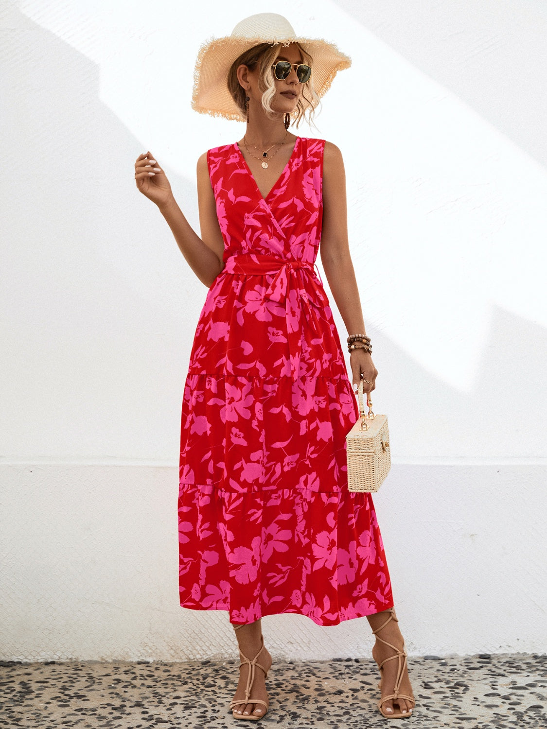 Tied Printed Surplice Tiered Dress - Design Studios Direct