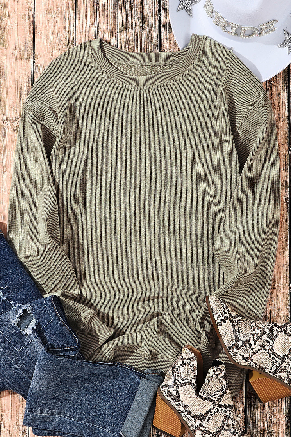 Green Solid Ribbed Knit Round Neck Pullover Sweatshirt - Design Studios Direct