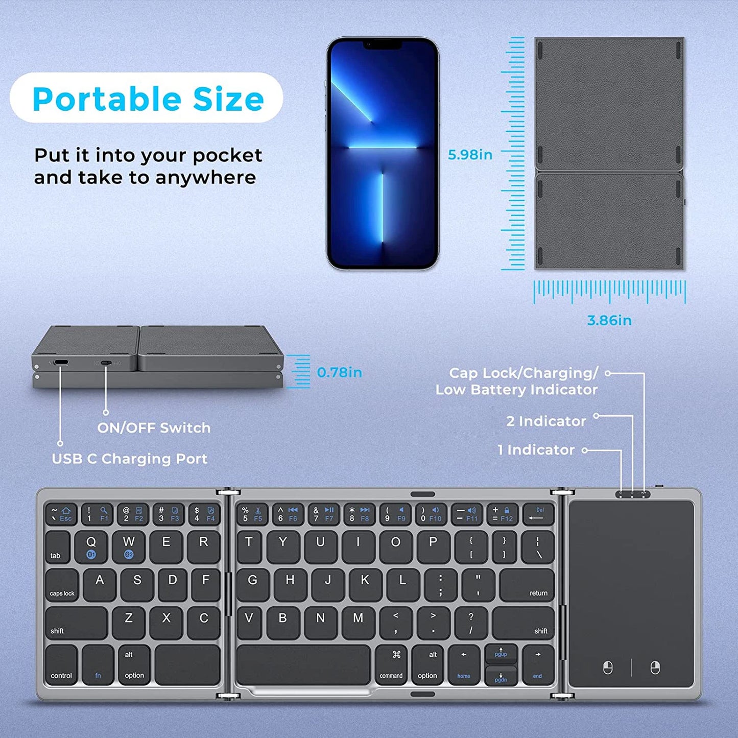 Mini Foldable Wireless Bluetooth Keyboard with Large Touchpad - Design Studios Direct