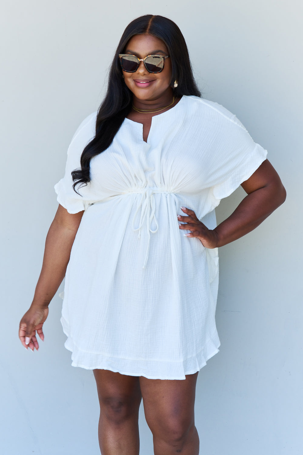 Ninexis Out Of Time Full Size Ruffle Hem Dress with Drawstring Waistband in White - Design Studios Direct