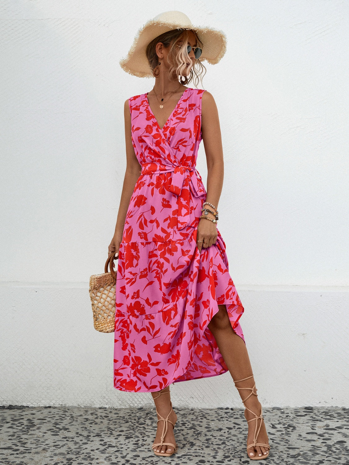 Tied Printed Surplice Tiered Dress - Design Studios Direct