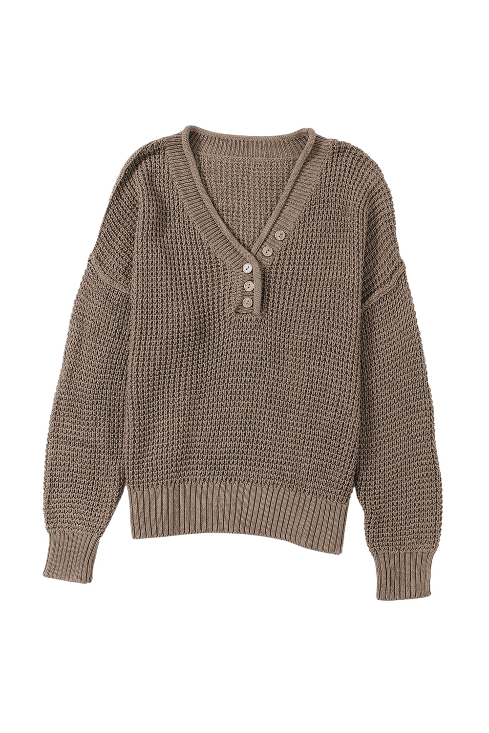 Khaki Pointelle Knit Button V Neck Drop Shoulder Sweater - Design Studios Direct