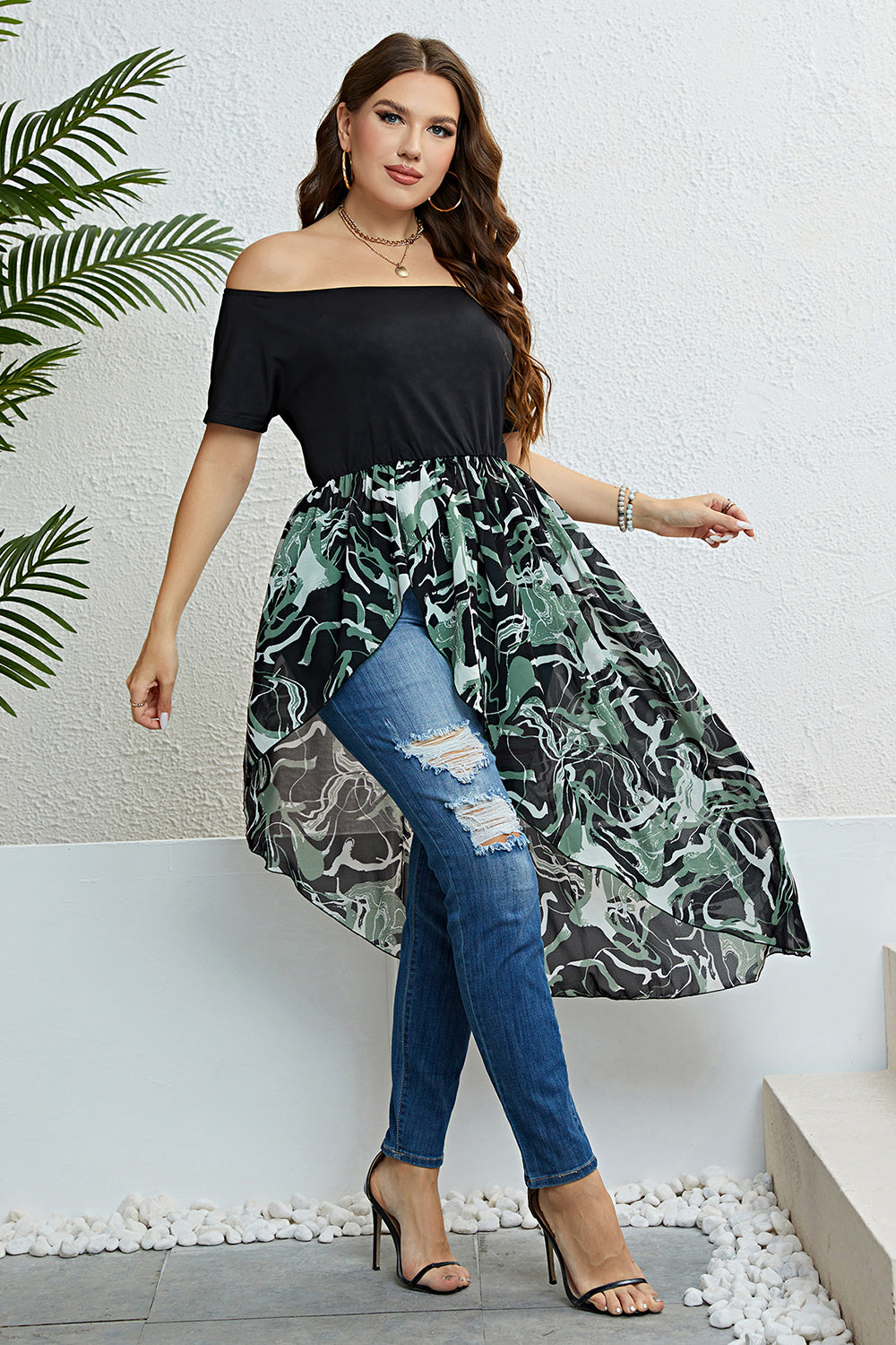 Plus Size Off-Shoulder Asymmetrical Hem Dress - Design Studios Direct