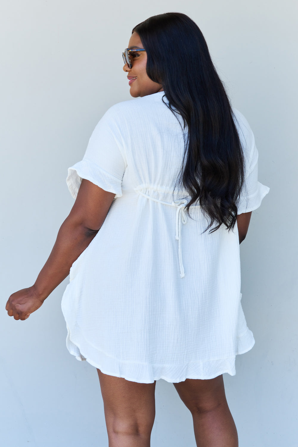 Ninexis Out Of Time Full Size Ruffle Hem Dress with Drawstring Waistband in White - Design Studios Direct