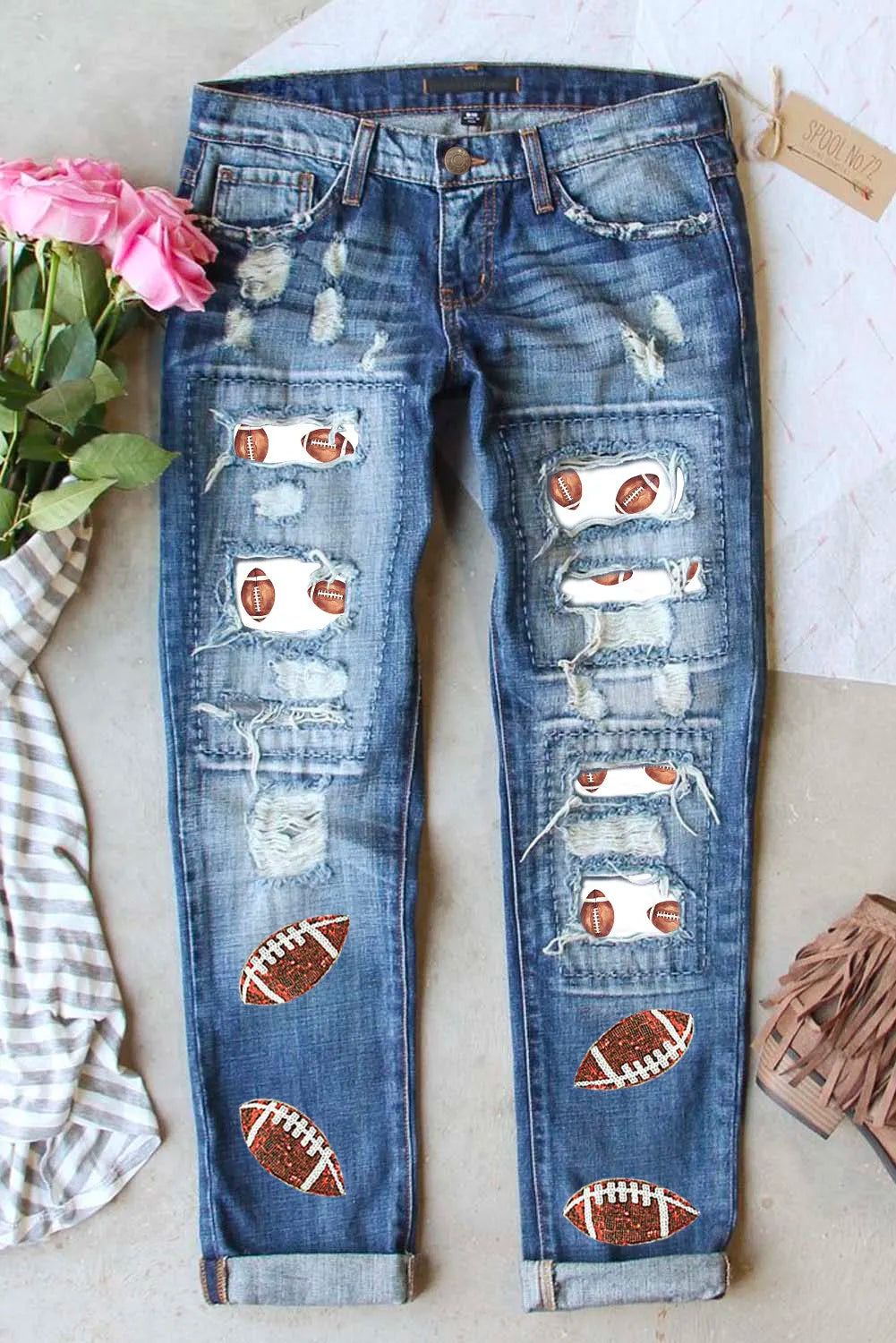 Distressed Football Straight Jeans - Design Studios Direct