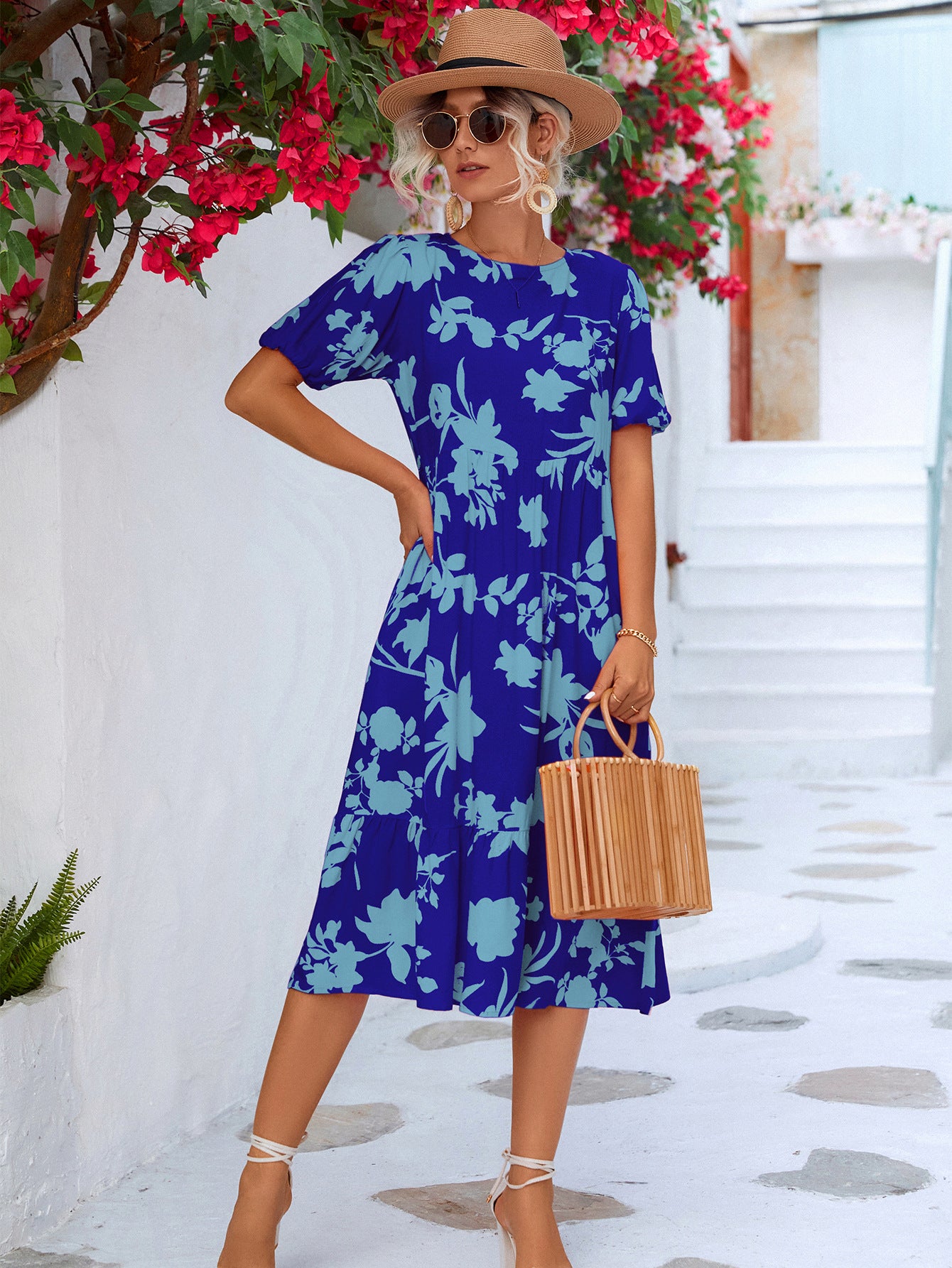 Floral Puff Sleeve Ruffle Hem Midi Dress - Design Studios Direct