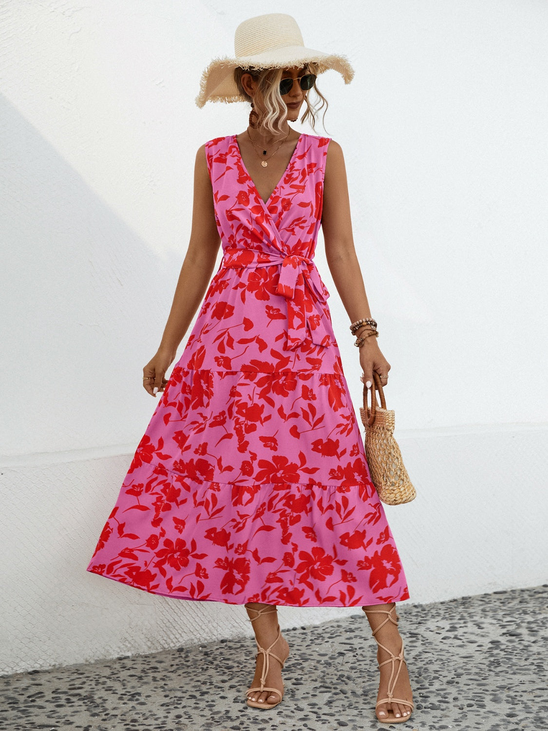 Tied Printed Surplice Tiered Dress - Design Studios Direct