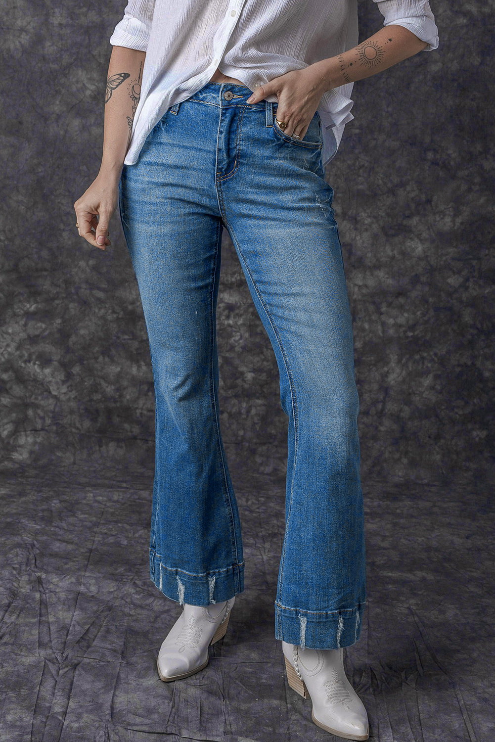 Sky Blue Slight Distressed Medium Wash Flare Jeans - Design Studios Direct