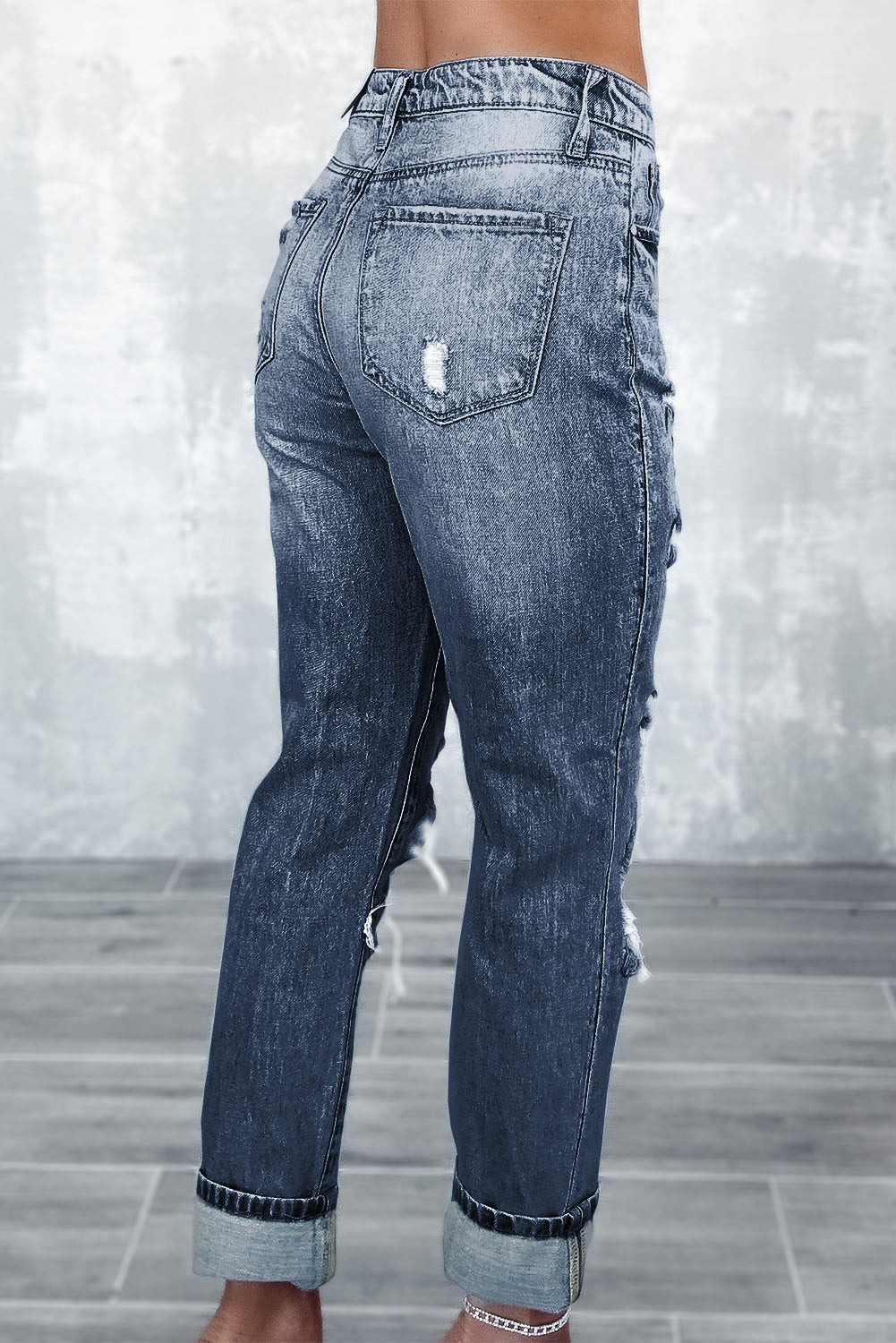 Navy Blue Light Wash Frayed Slim Fit High Waist Jeans - Design Studios Direct