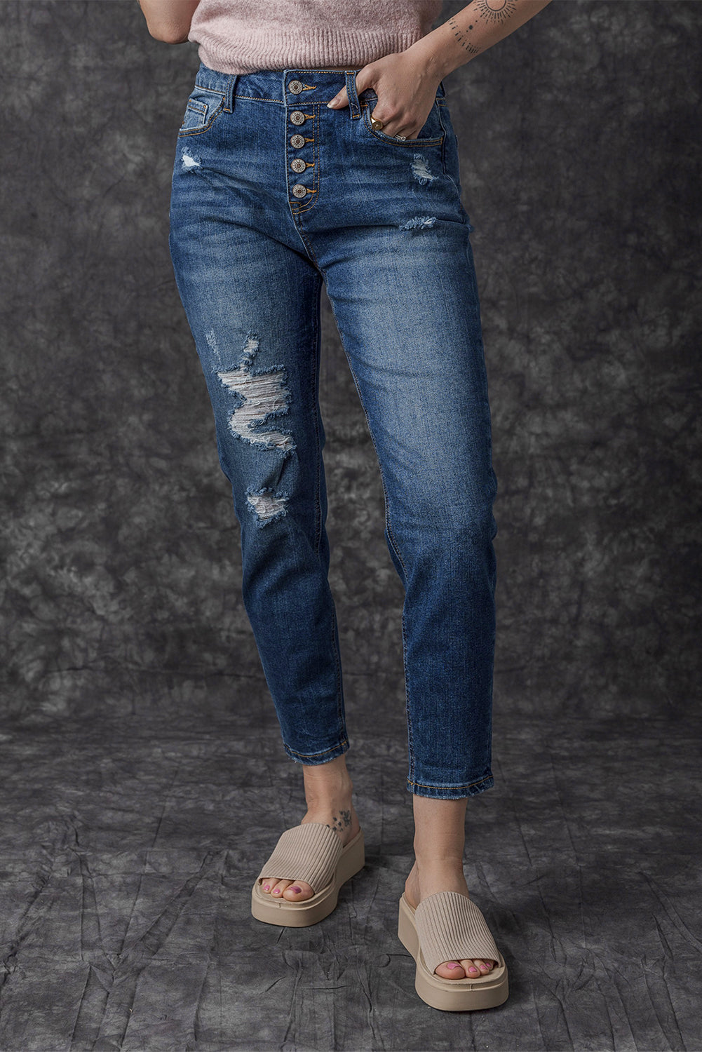 Blue Distressed Button Fly High Waist Skinny Jeans - Design Studios Direct