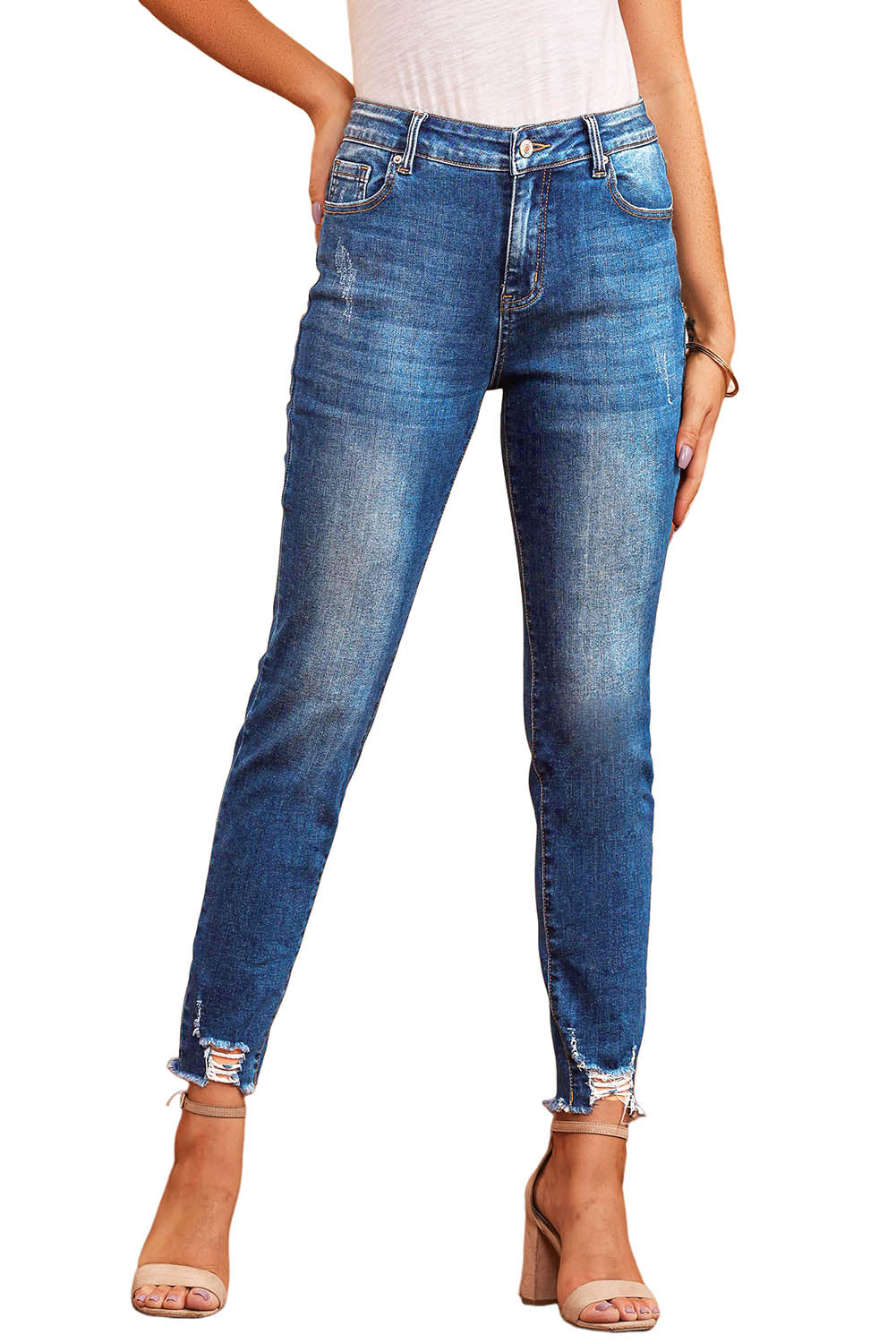 Blue Raw Hem Ankle-length Skinny Jeans - Design Studios Direct