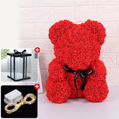 Rose Bear with Box Lights Valentine Gifts Decoration Artificial Flower Teddy Bear for Women/Girlfriend Love Flower Birthday Gift