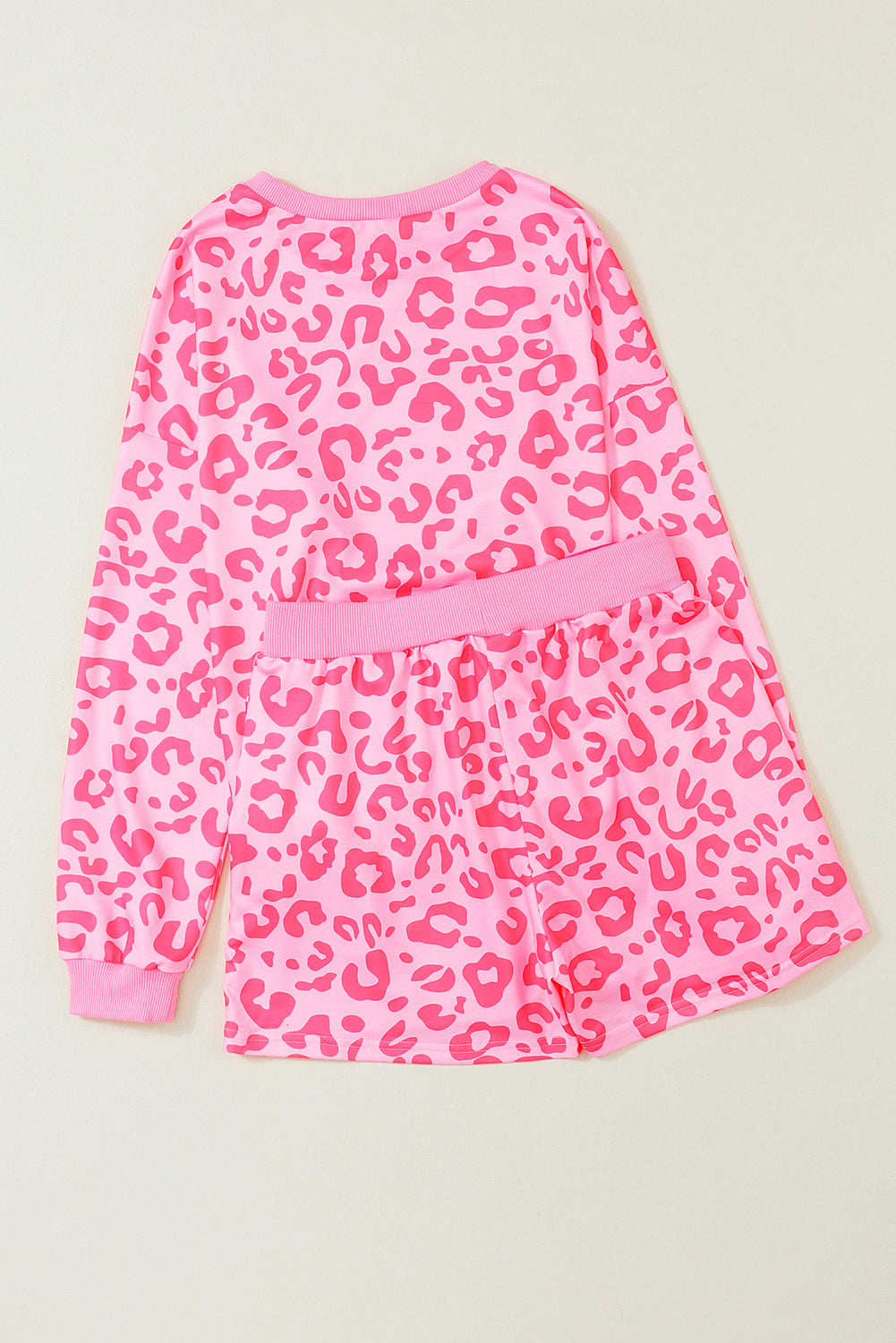 Pink Leopard Long Sleeve Satin Tie Shorts Two Piece Set - Design Studios Direct