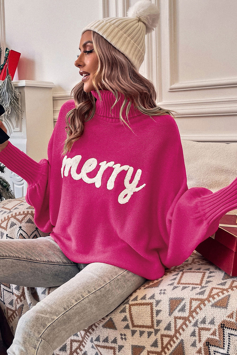 Rose Merry Letter Embroidered High Neck Sweater - Design Studios Direct