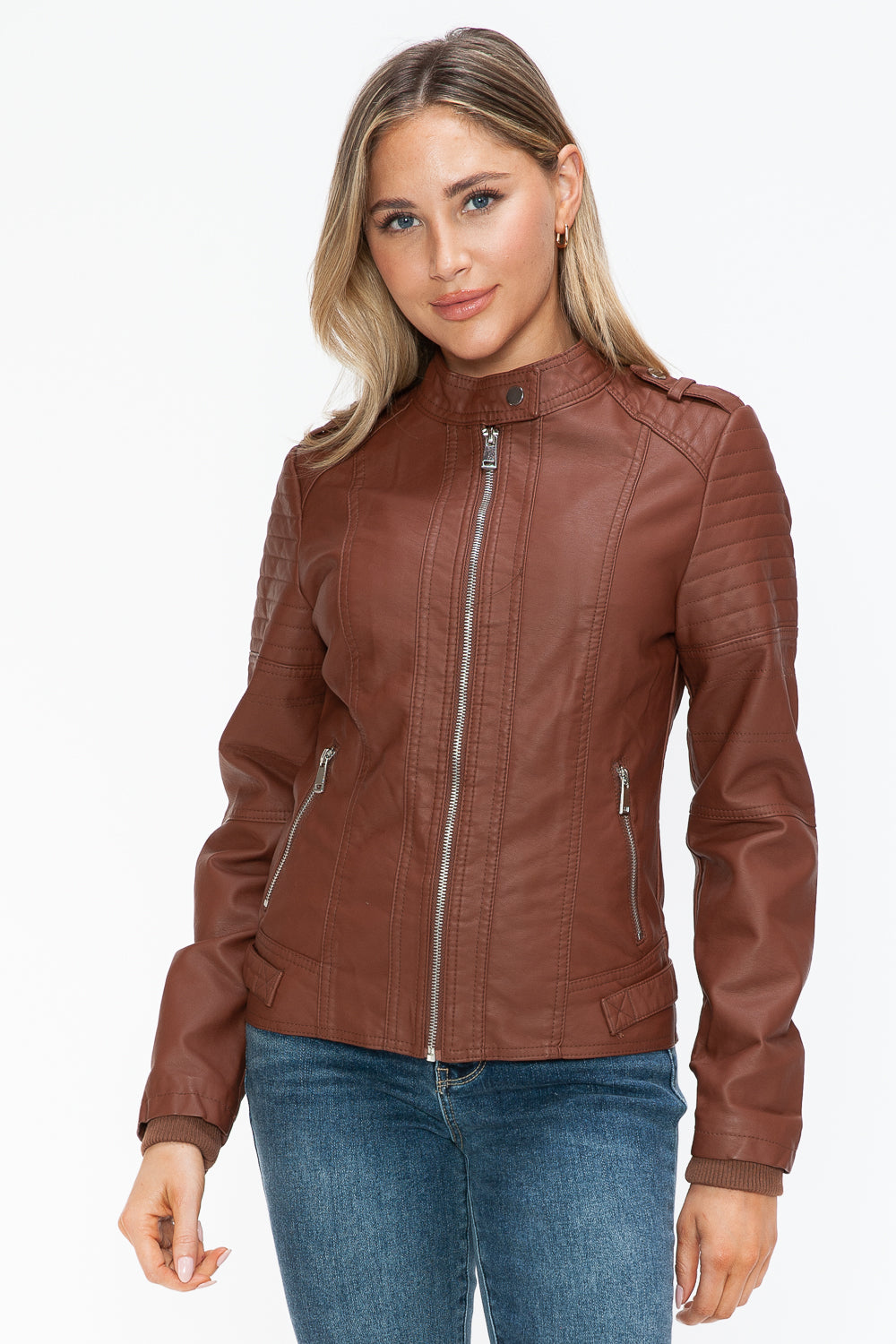 Snobbish PU Leather Biker Jacket with Side Zip Pockets - Design Studios Direct