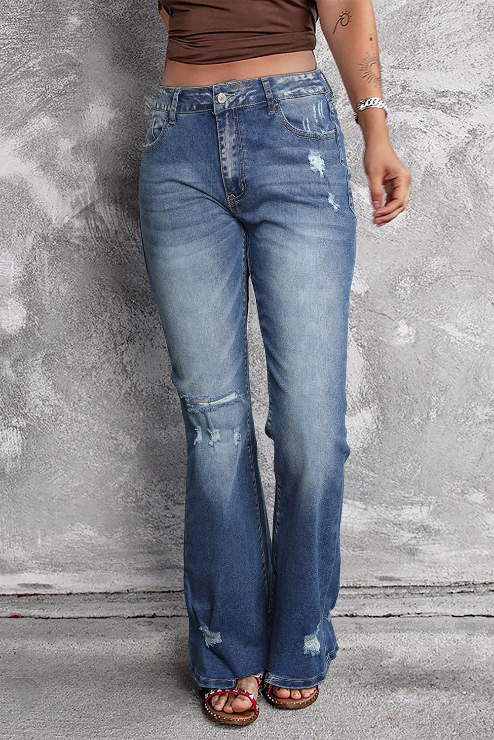 Blue Distressed Flare Jeans - Design Studios Direct