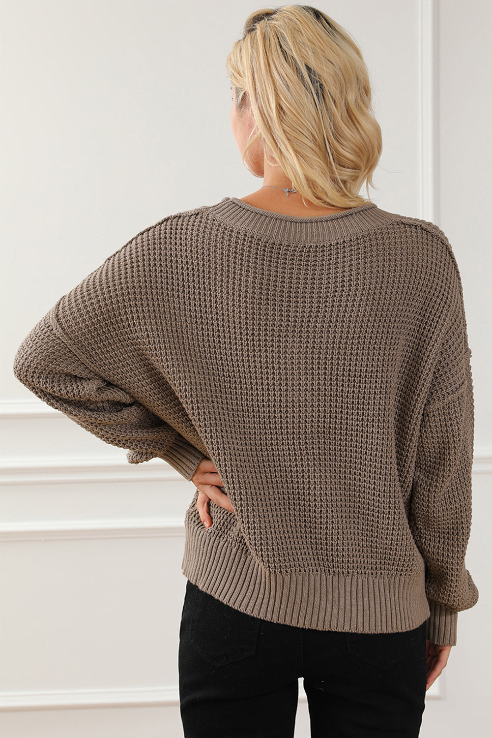 Khaki Pointelle Knit Button V Neck Drop Shoulder Sweater - Design Studios Direct