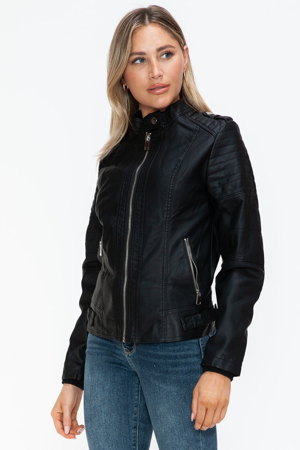 Snobbish PU Leather Biker Jacket with Side Zip Pockets - Design Studios Direct