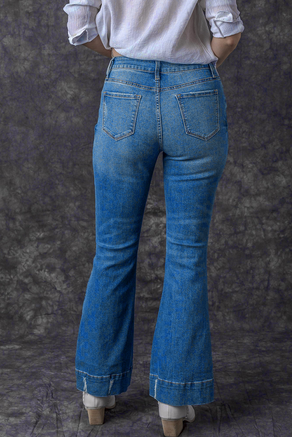 Sky Blue Slight Distressed Medium Wash Flare Jeans - Design Studios Direct