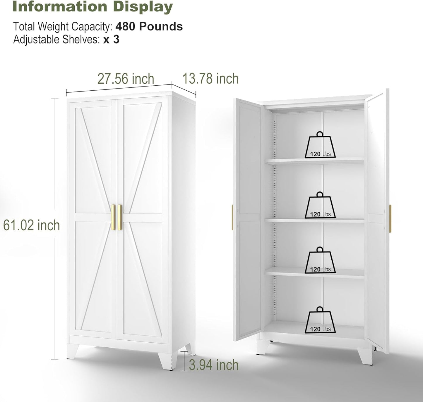 4 Tier Metal Farmhouse Storage Cabinet with 2 Barn Door, 3 Adjustable Shelves and Legs, for Dining Room, Kitchen,Pantry,Bathroom, Living Room, Office (White, 61" Farmhouse)