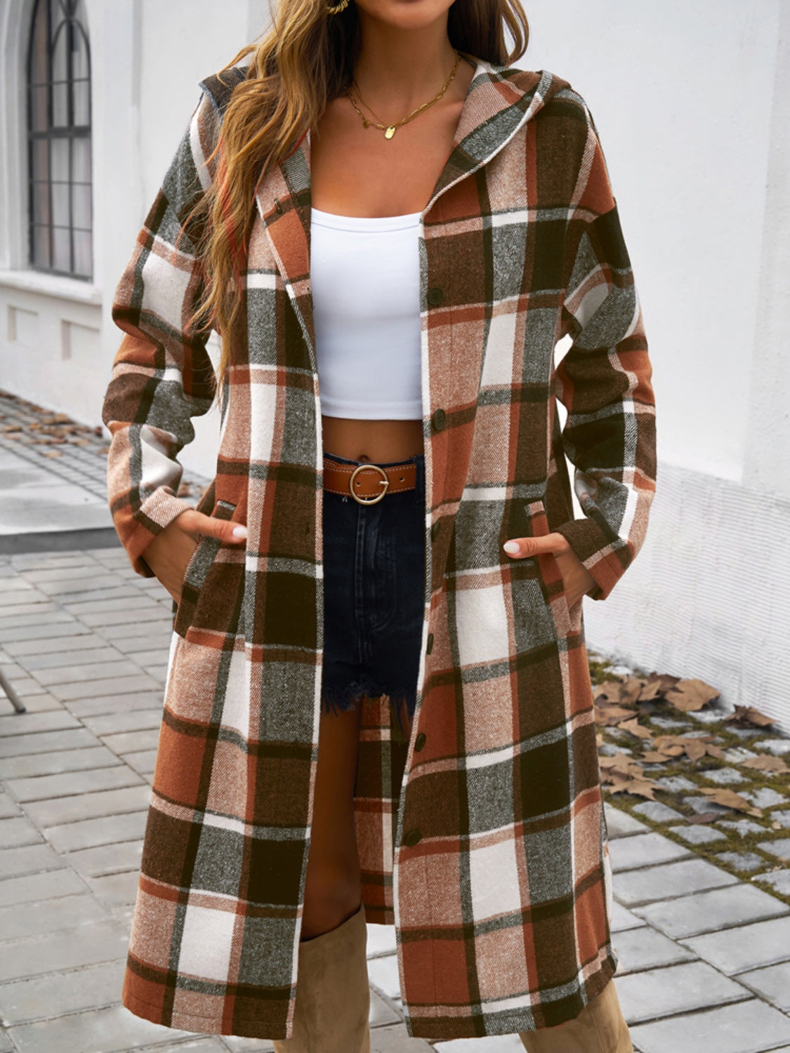 Devine Plaid Long Sleeve Hooded Coat - Design Studios Direct