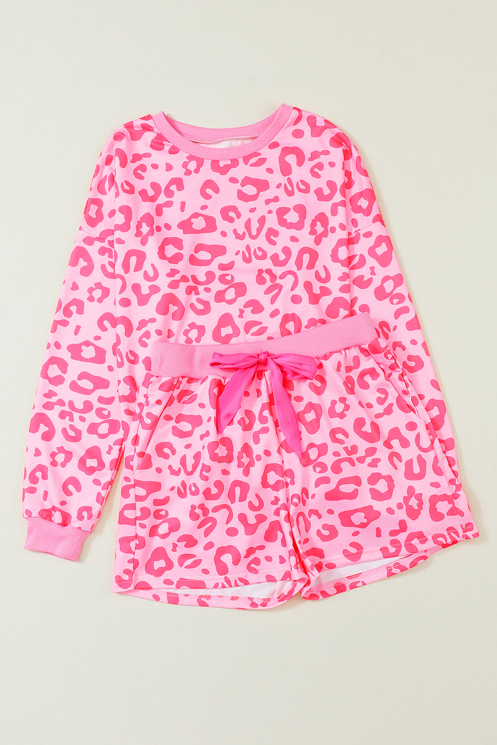 Pink Leopard Long Sleeve Satin Tie Shorts Two Piece Set - Design Studios Direct