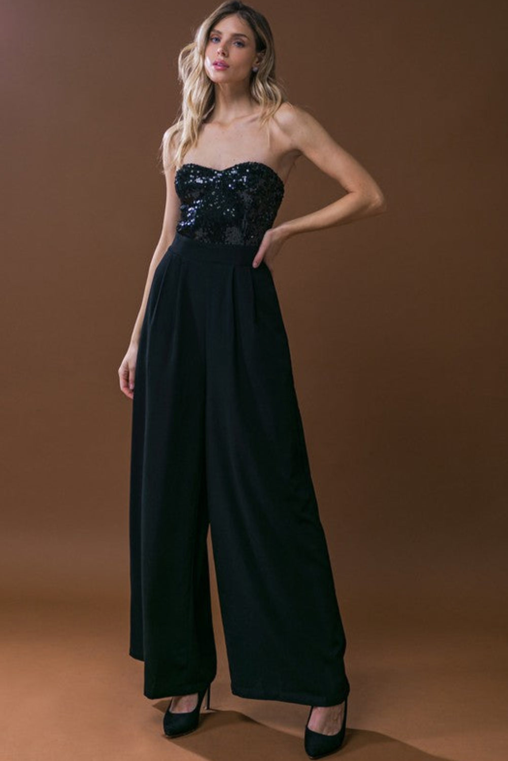 Black Sequin Tube Top Wide Leg Jumpsuit - Design Studios Direct