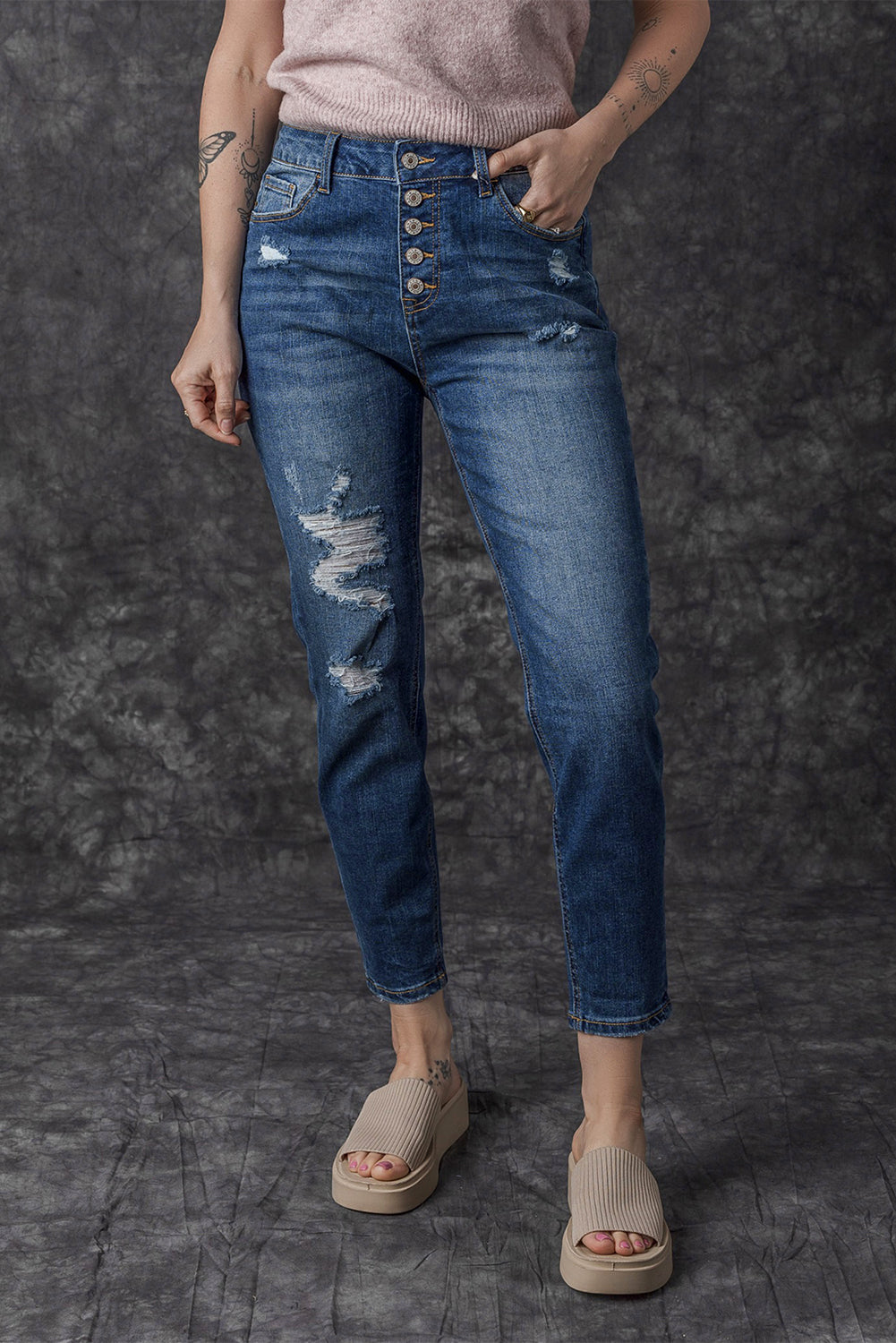 Blue Distressed Button Fly High Waist Skinny Jeans - Design Studios Direct