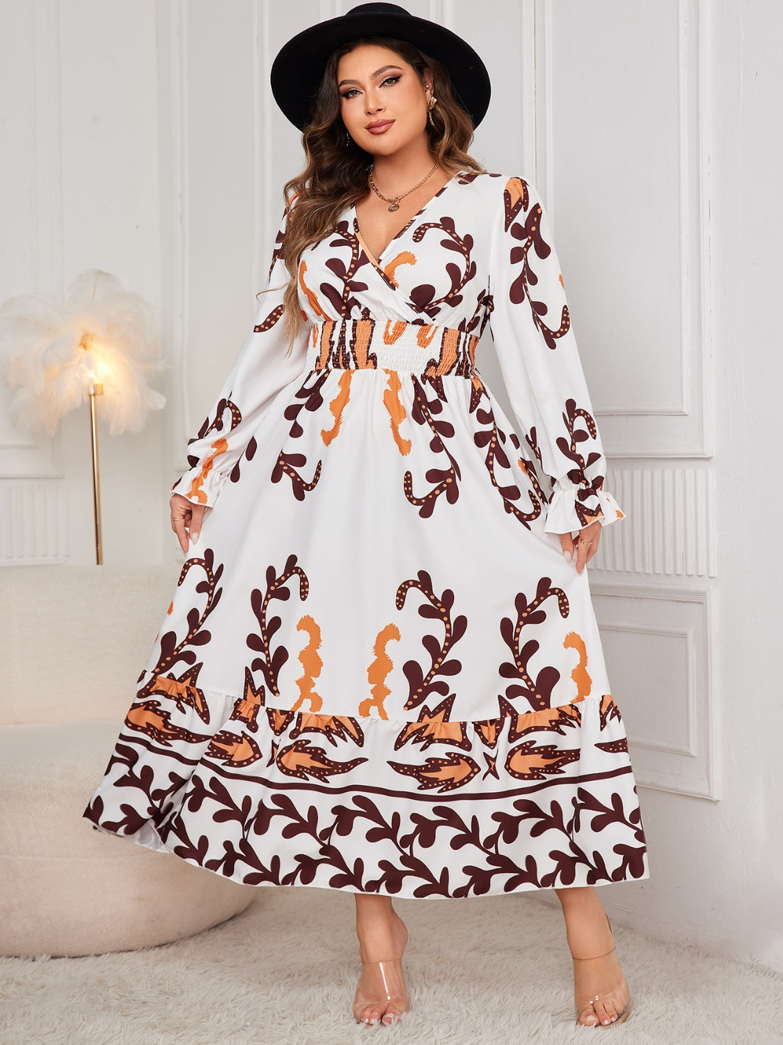 Honey Plus Size Printed Surplice Flounce Sleeve Dress - Design Studios Direct