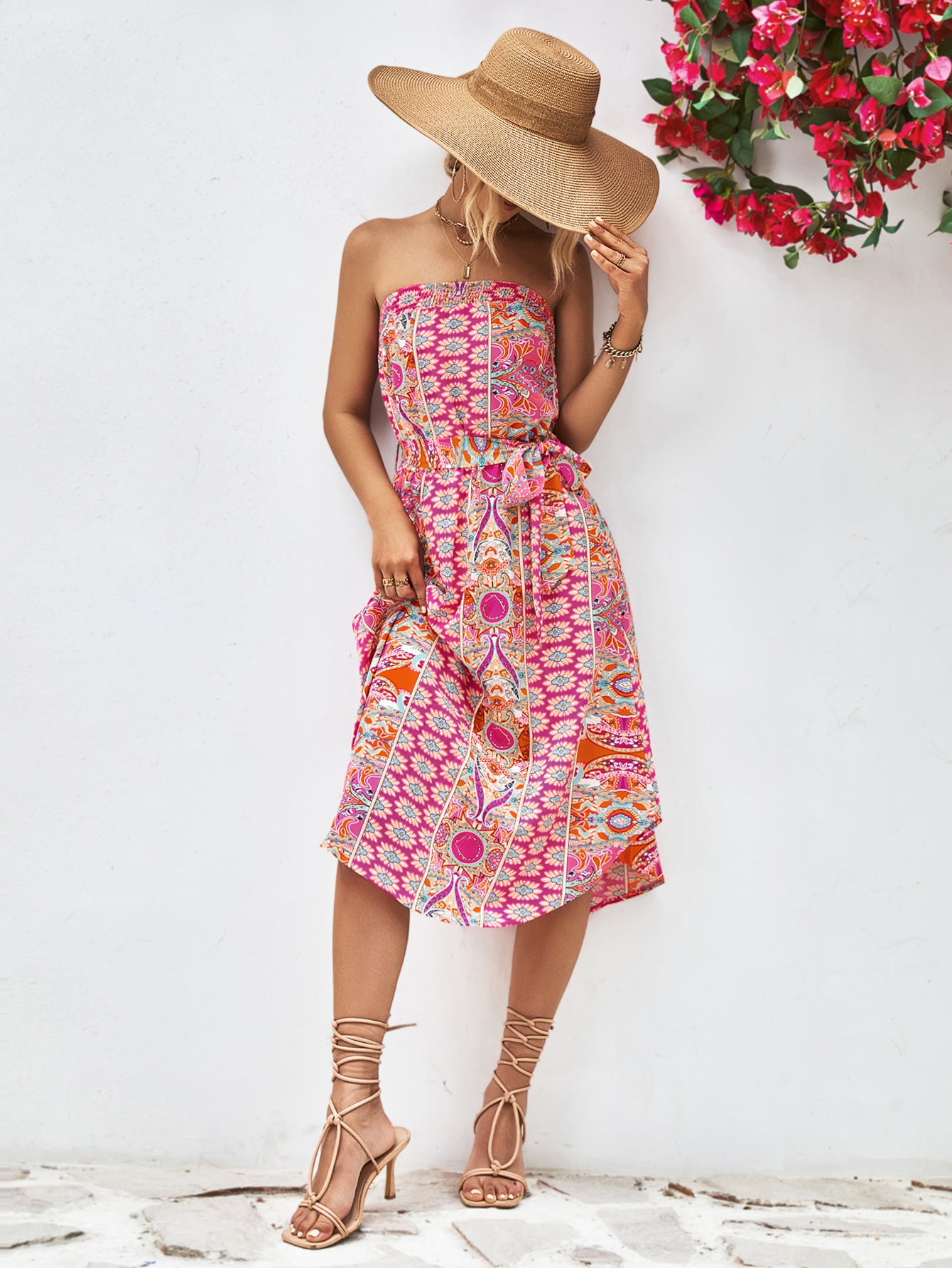 Printed Strapless Tie Belt Dress - Design Studios Direct