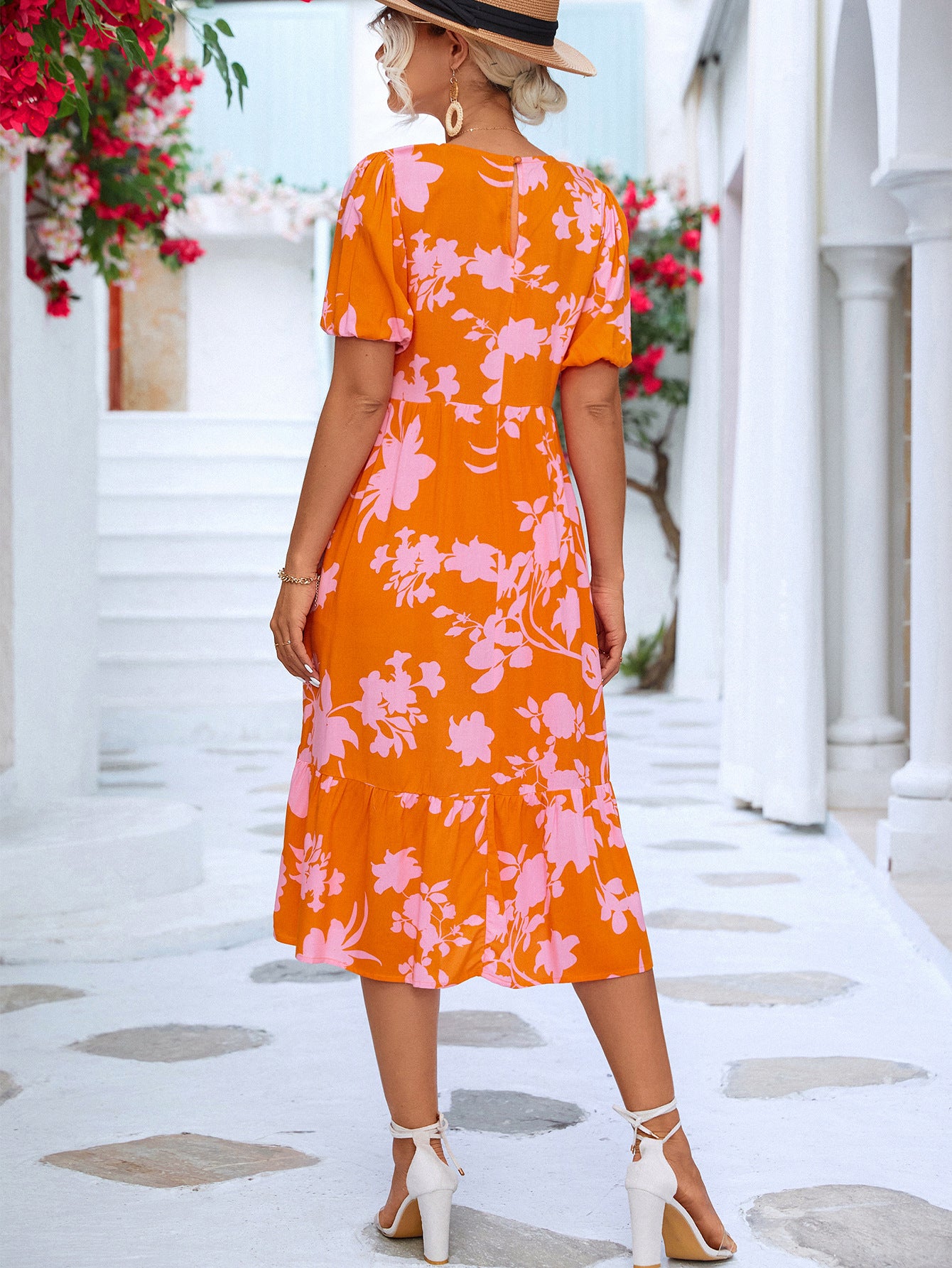 Floral Puff Sleeve Ruffle Hem Midi Dress - Design Studios Direct