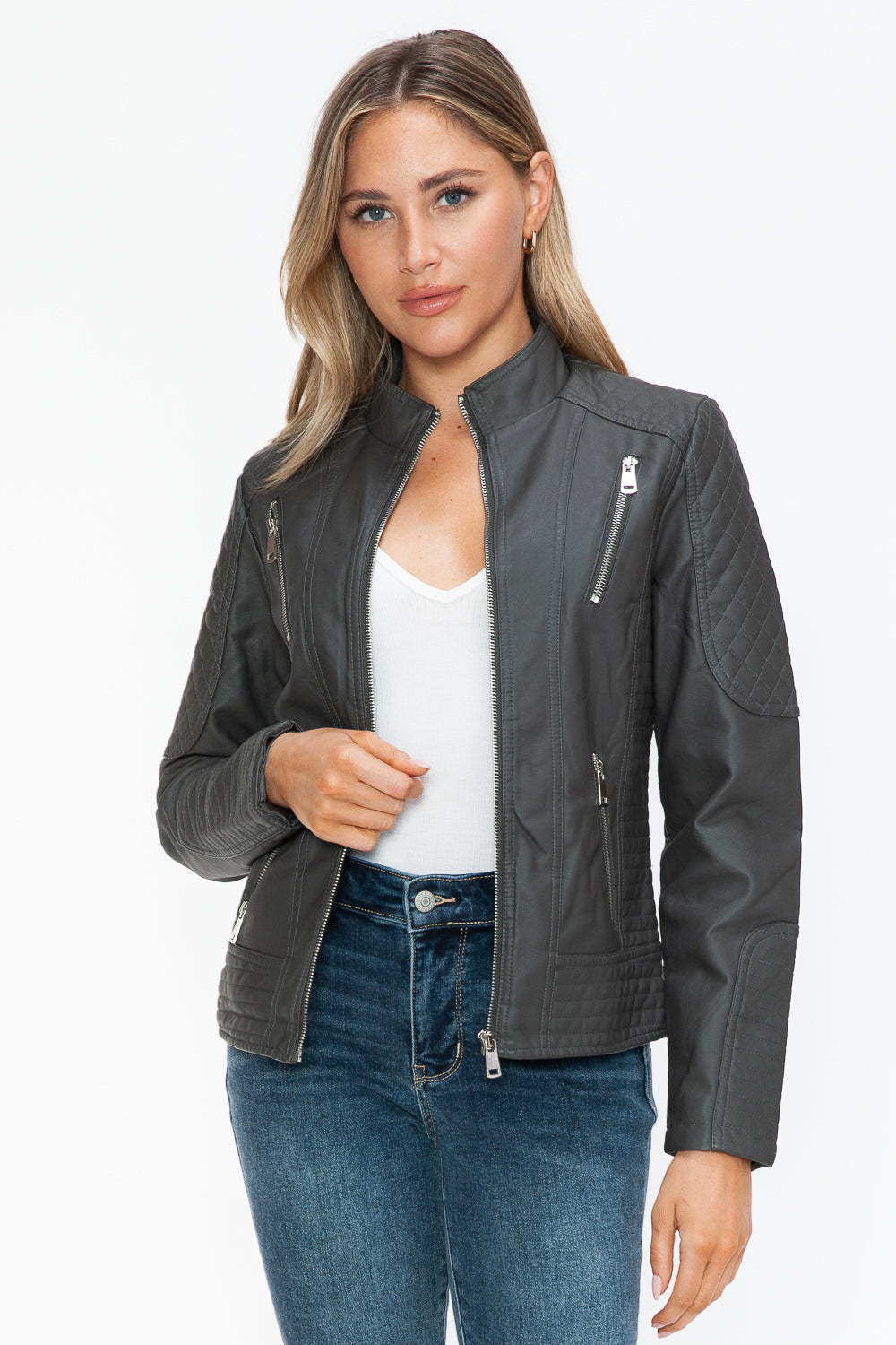 Snobbish Faux Leather Zip Up Mock Neck Jacket - Design Studios Direct