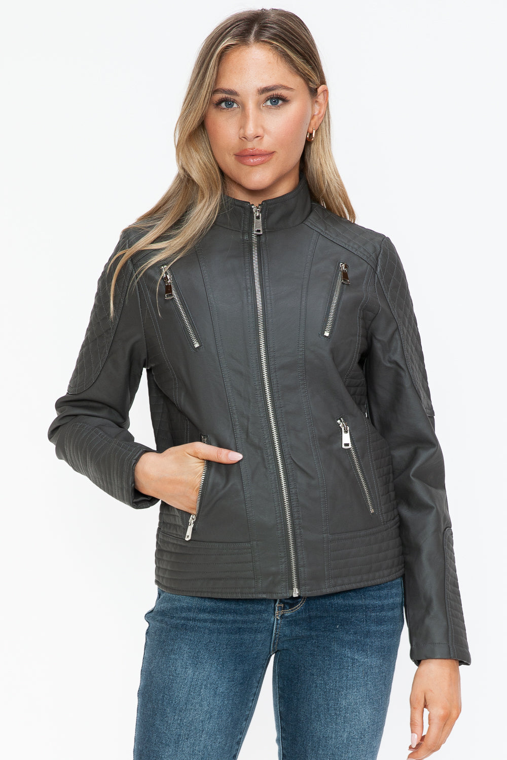 Snobbish Faux Leather Zip Up Mock Neck Jacket - Design Studios Direct