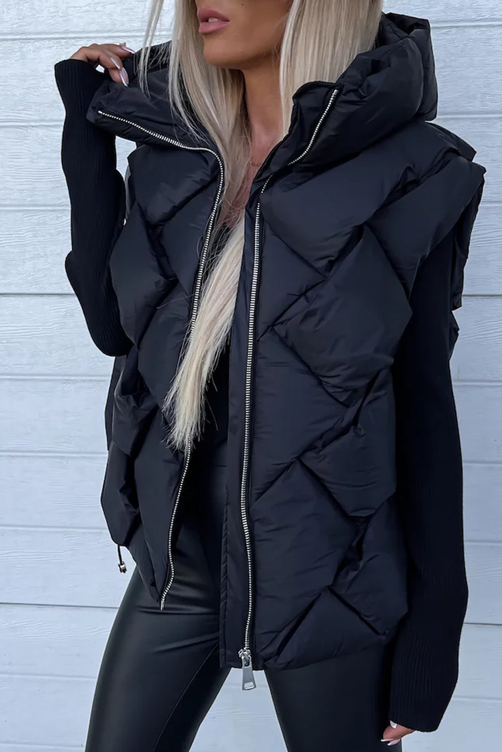 Black Quilted Zipper Front Hooded Vest Coat - Design Studios Direct