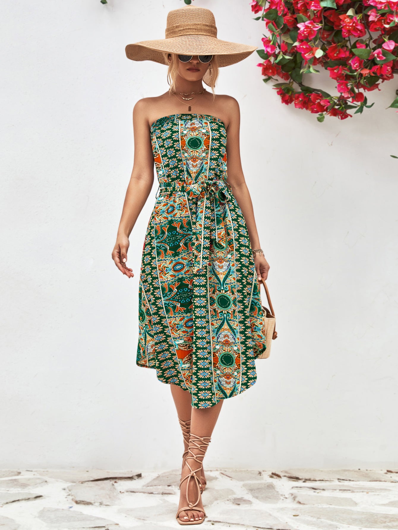 Printed Strapless Tie Belt Dress - Design Studios Direct