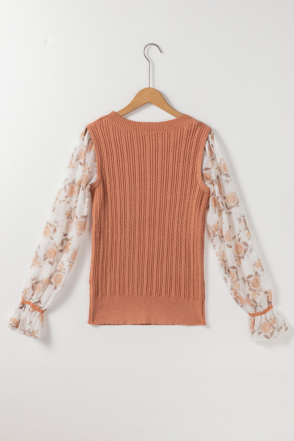 Golden Fleece Floral Patchwork Ruffled Cuff Cable Knit Sweater - Design Studios Direct