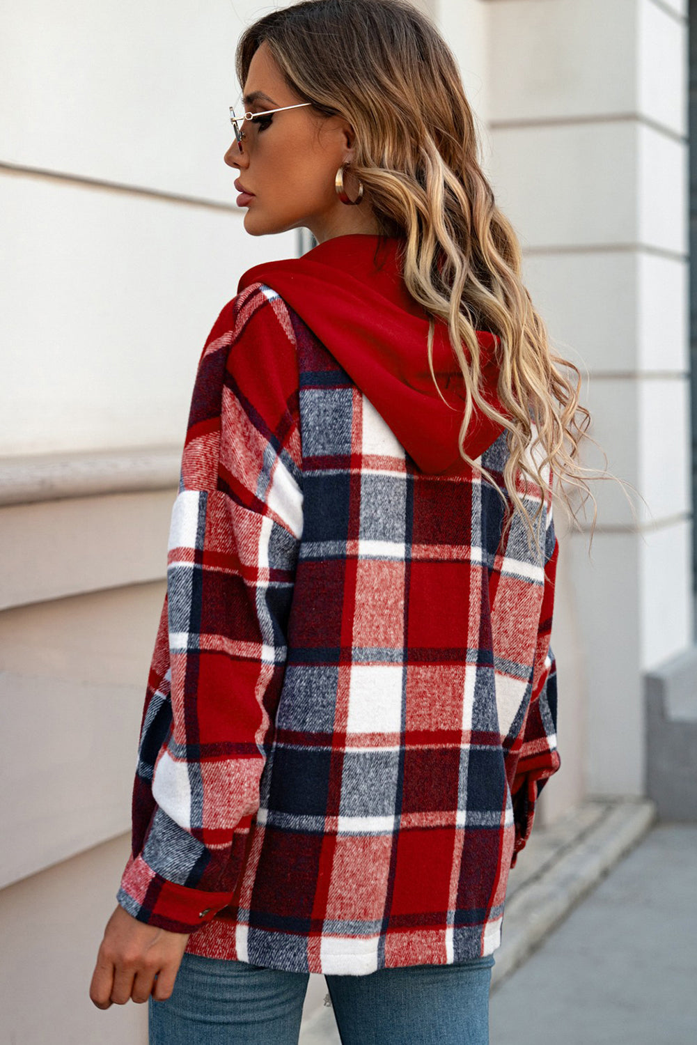 Fiery Red Hooded Plaid Button Front Shacket - Design Studios Direct