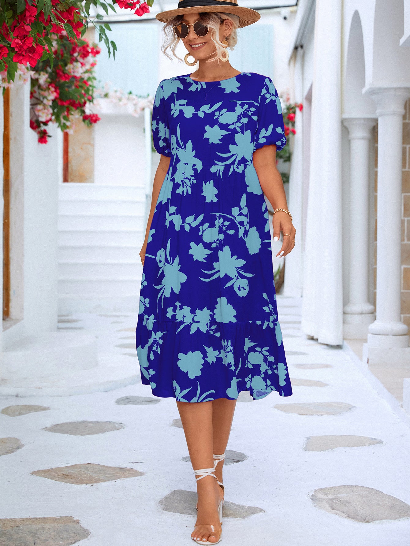 Floral Puff Sleeve Ruffle Hem Midi Dress - Design Studios Direct