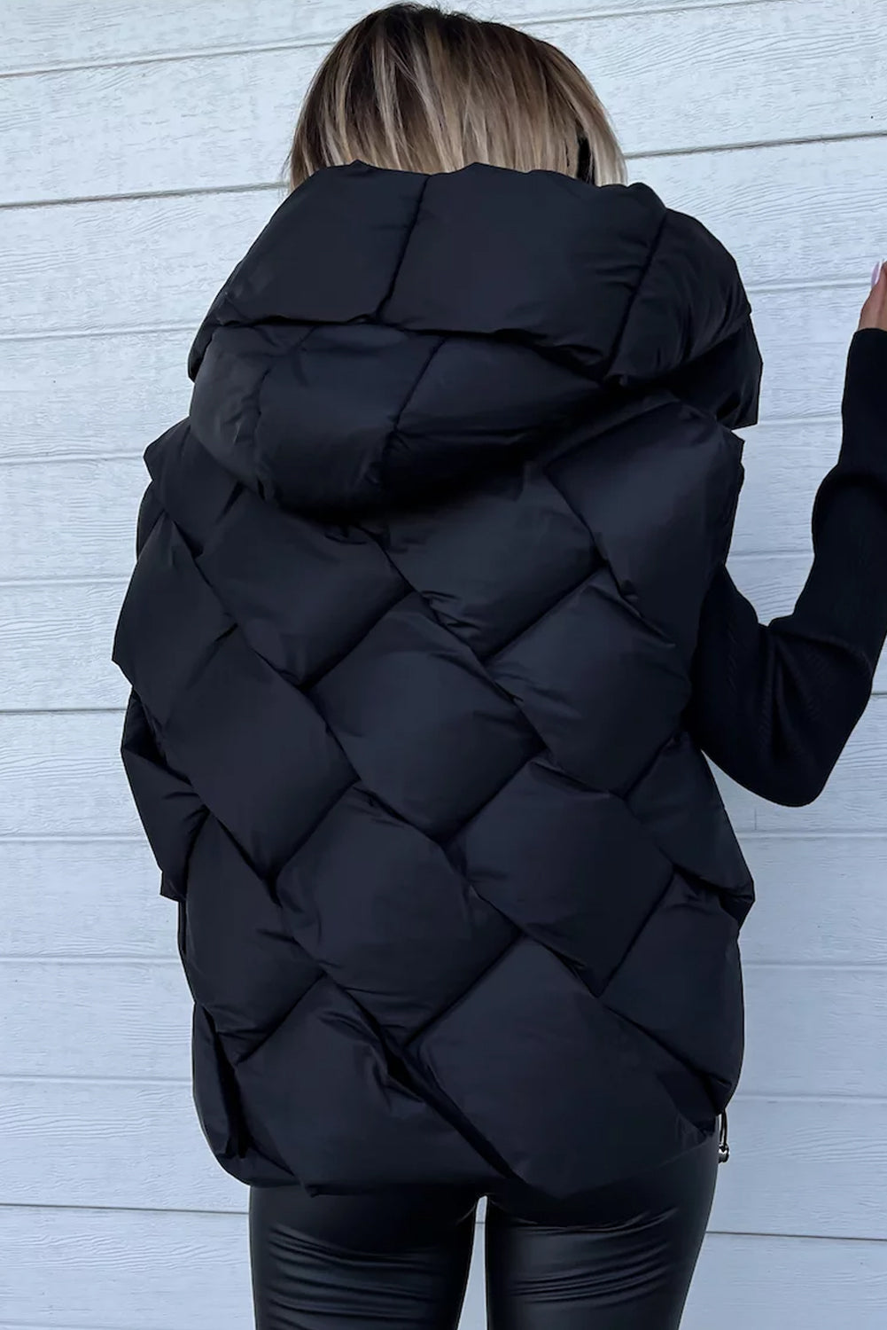 Black Quilted Zipper Front Hooded Vest Coat - Design Studios Direct