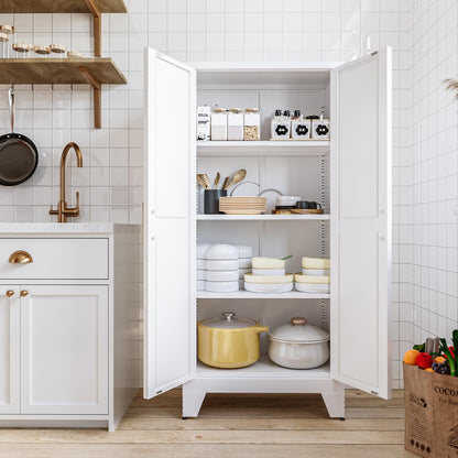 4 Tier Metal Farmhouse Storage Cabinet with 2 Barn Door, 3 Adjustable Shelves and Legs, for Dining Room, Kitchen,Pantry,Bathroom, Living Room, Office (White, 61" Farmhouse)