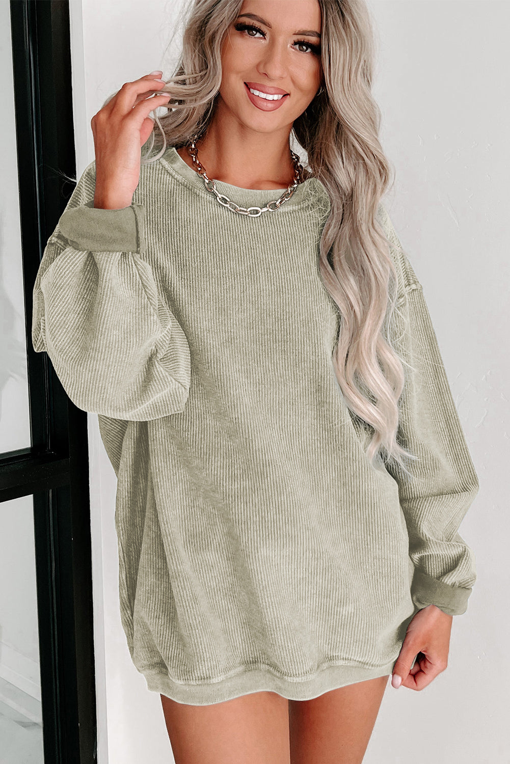 Green Solid Ribbed Knit Round Neck Pullover Sweatshirt - Design Studios Direct